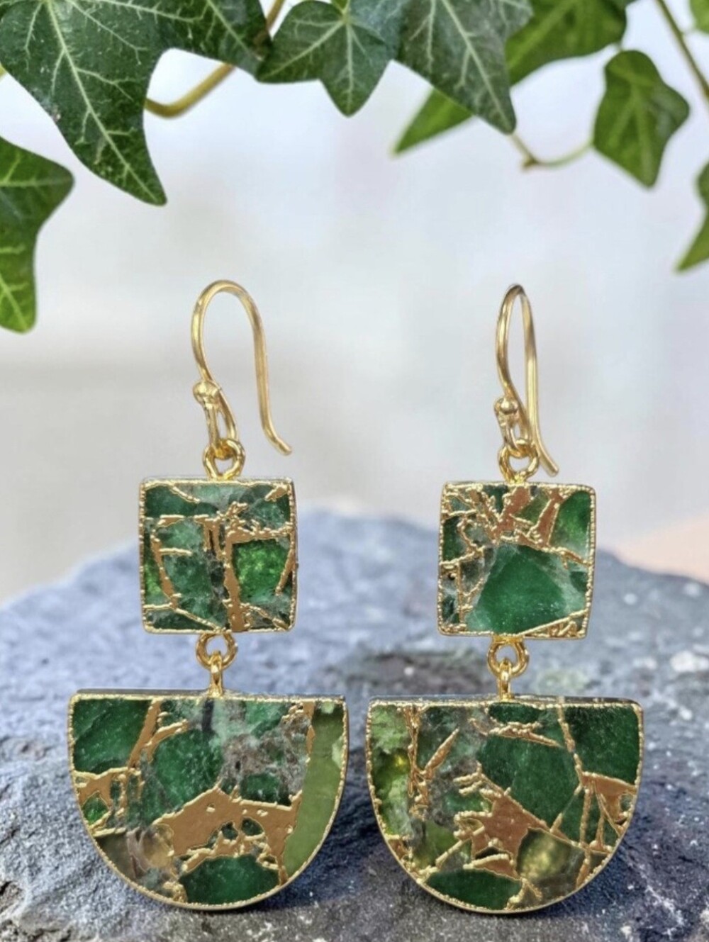 18k Gold Plated Genuine Mohave Green Turquoise Drop Dangle Geometric Earrings